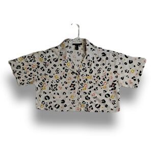 Forever 21 Animal Print Button Front Cropped Top White Black Yellow Peach Small
